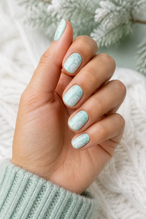 Icy mint short oval nails with white mitten-like stripes and pale blue dots on one light olive hand in a softly curled pose with a sage cuff, natural daylight