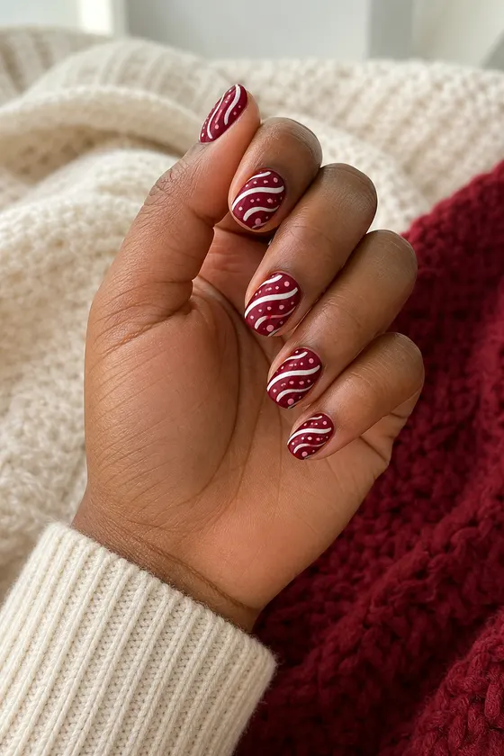 Cranberry red short squoval nails with cream candy-cane curves and pink dots on one deep brown hand in an upright softly curled pose with an ivory sweater cuff, natural daylight