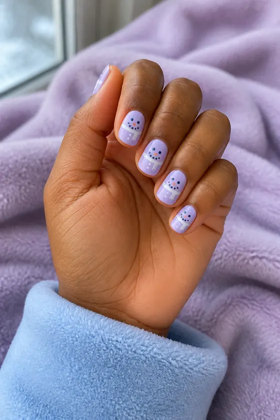 Pale lilac short round nails with tiny blue and white snowman-inspired dots on one medium deep brown hand in a curled upright pose with a blue fleece cuff, natural daylight