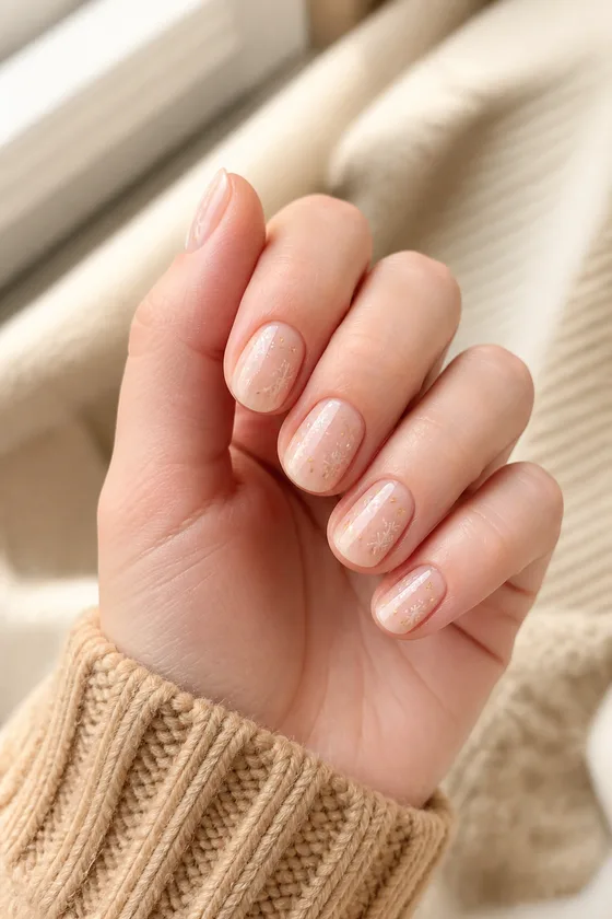 Milky nude short oval nails with tiny champagne stars and white snowflake dots on one fair peach hand in a softly curled pose with a camel knit cuff, natural daylight