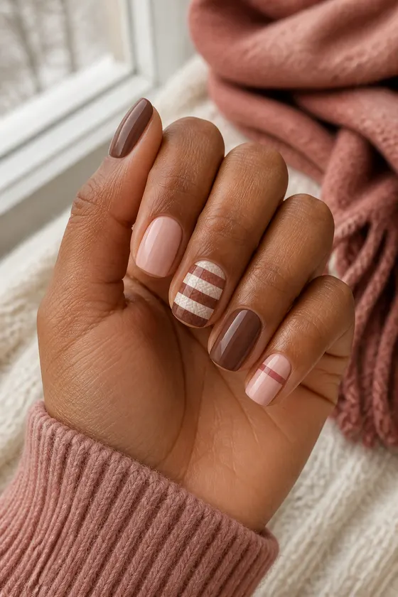 Cocoa brown and blush short squoval nails with ivory scarf-inspired woven stripes on one medium-deep brown hand in a softly curled pose with a dusty rose sweater cuff, natural daylight