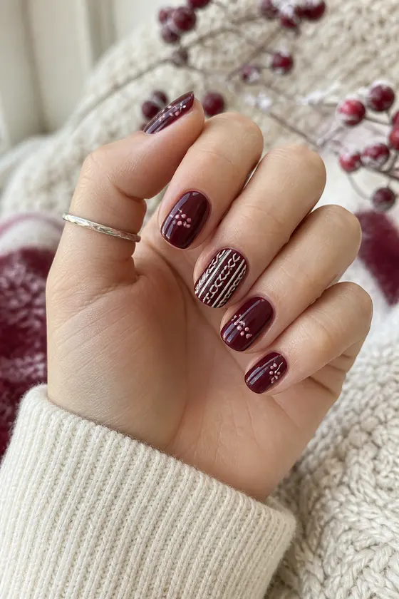 Winter berry plum short oval nails with ivory cable-knit lines and soft pink berry dots on one light cool beige hand in a naturally curled pose with a cream cuff, natural daylight