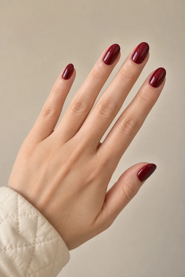 Deep merlot glossy polish on medium oval nails with a relaxed diagonal fan pose, fair skin, and a cream quilted cuff in natural daylight