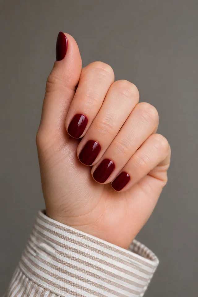Oxblood glossy polish on short round nails with a compact curled fist and raised thumb pose, light skin, and a taupe striped sleeve in natural daylight