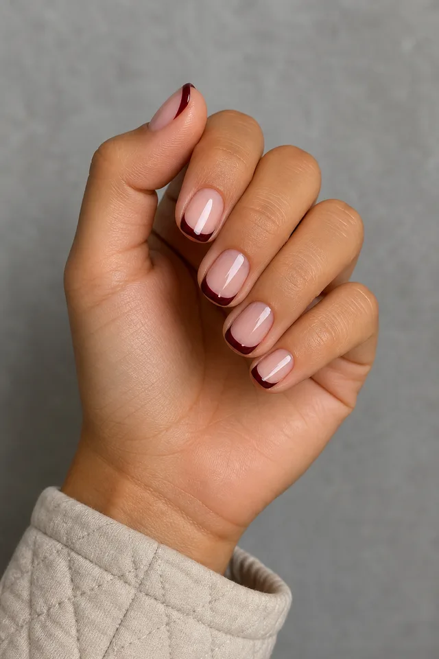Curved oxblood French tips on short squoval nails with a compact side grip pose, tan skin, and an oatmeal quilted cuff in natural daylight