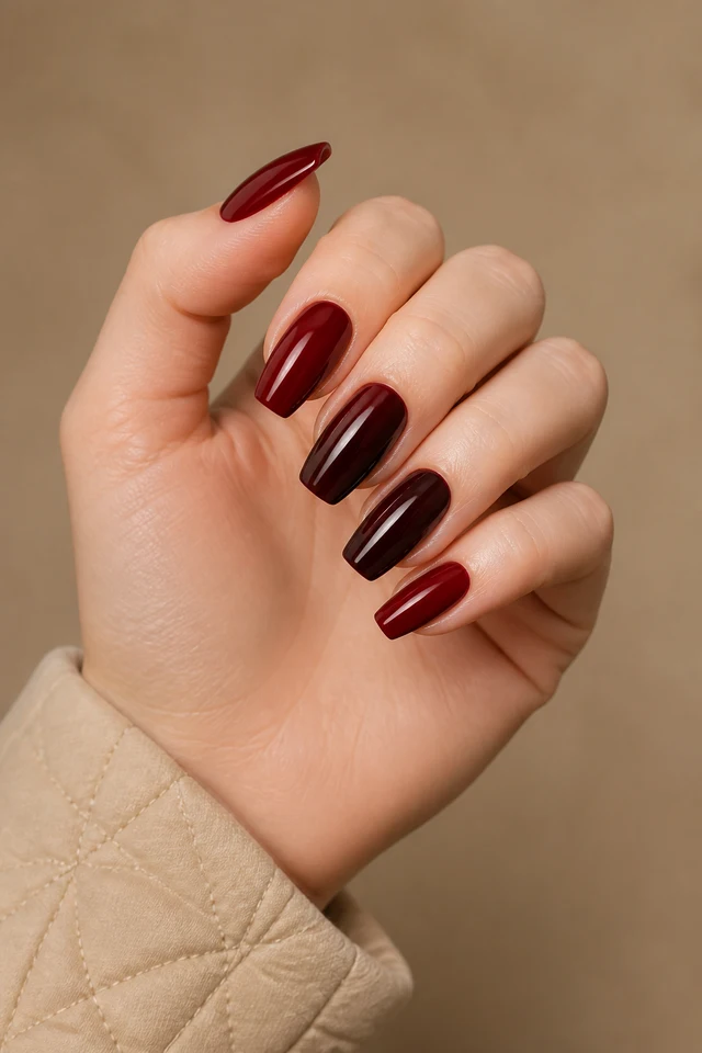 Deep cherry glossy coffin nails with black cherry accents, a relaxed diagonal curled pose, fair skin, and a beige quilted cuff in natural daylight