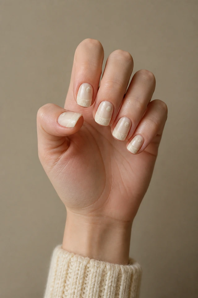 Warm ivory fuzzy teddy French tips on short rounded-square nails, fair neutral skin, a softly curled upright hand, and a cream knit cuff in natural daylight