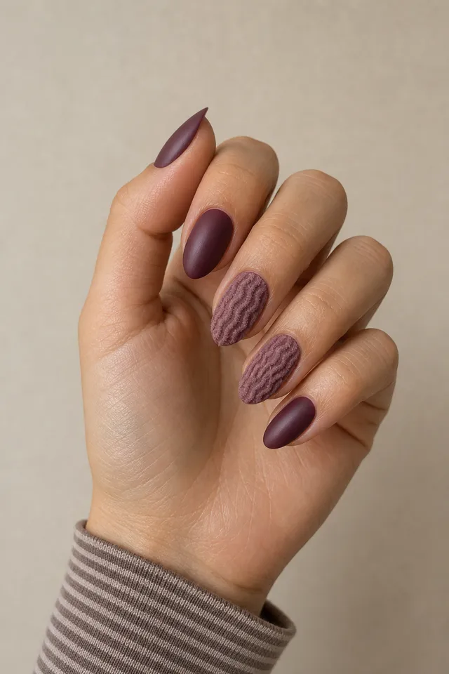 Deep mulberry plum nails with dusty mauve raised moire knit accents on short almond nails, light olive skin, a softly curled upright hand, and a striped taupe cuff in natural daylight