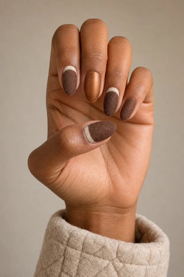 Cocoa brown oval nails with creamy boucle half-moon accents and caramel satin detail on one softly curled upright hand, medium brown skin, and a beige cuff in natural daylight