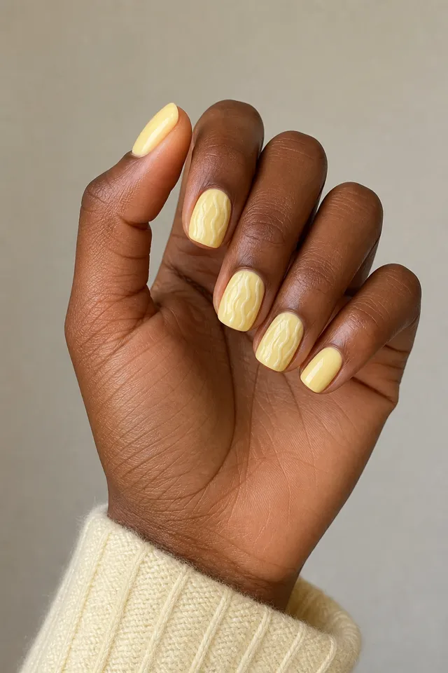Milky butter yellow nails with raised ivory mohair wave lines on short rounded-square nails, deep brown skin, a softly curled upright hand, and a cream quilted cuff in natural daylight