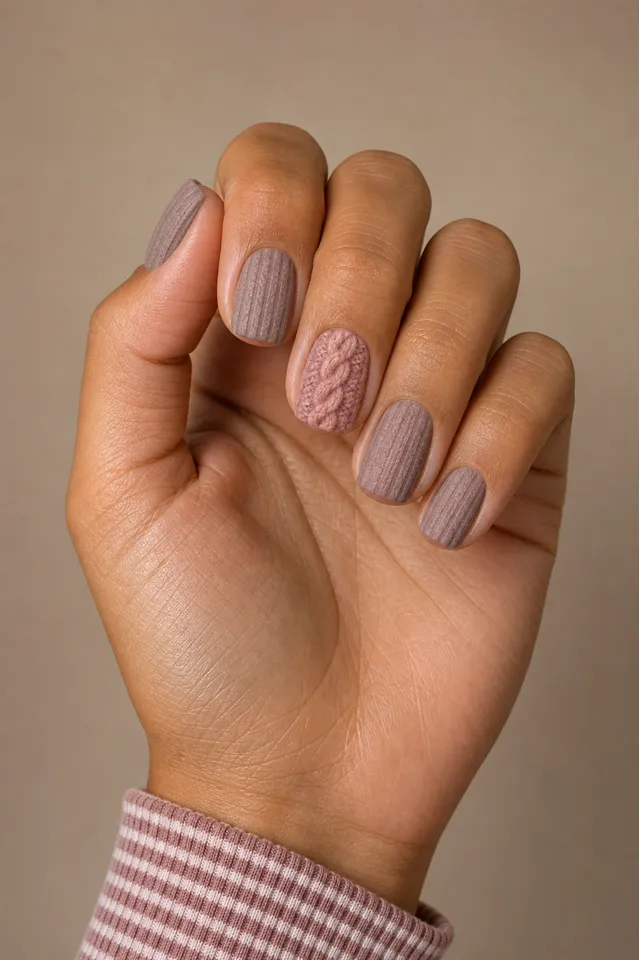 Rosy taupe short squoval nails with muted rose raised cable braid and fine ribbed accents, tan skin, a softly curled upright hand, and a dusty rose striped cuff in natural daylight