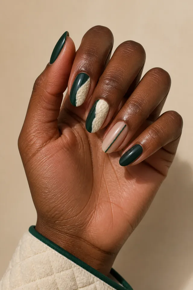 Deep pine green short almond nails with creamy oat fleece side-swipe accents and a raised green seam, rich dark brown skin, a softly curled upright hand, and a beige cuff in natural daylight