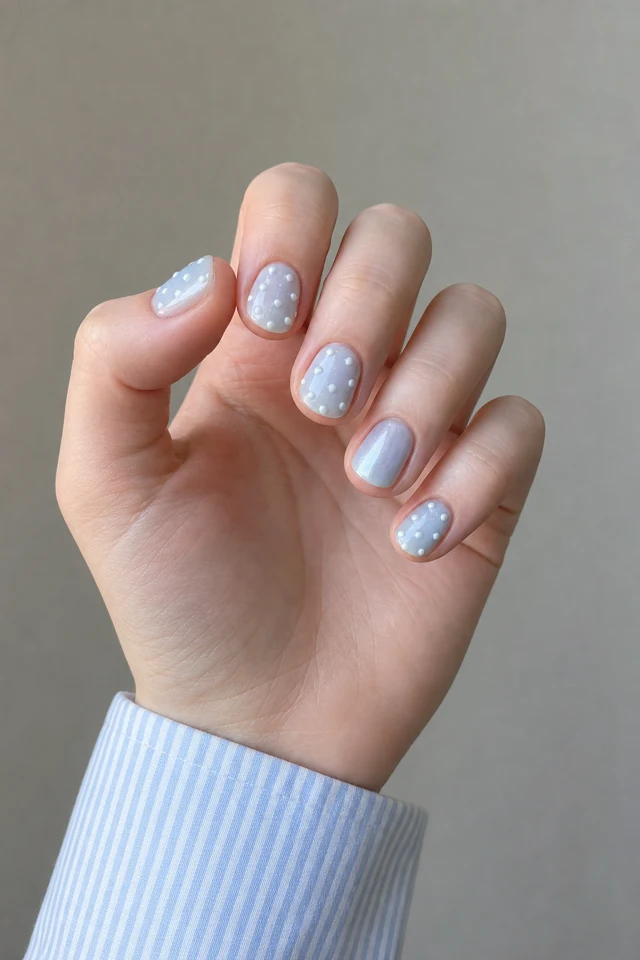 Icy blue short round nails with tiny raised cashmere-white boucle dots, fair cool skin, a softly curled upright hand, and a powder-blue striped cuff in natural daylight