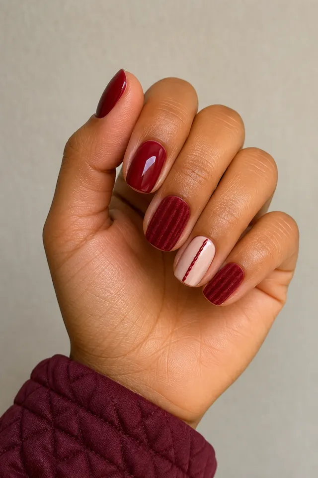 Glossy cherry red short squoval nails with deep-red plush velvet rib accents and a blush nail with one raised stitch, medium tan skin, a softly curled upright hand, and a burgundy cuff in natural daylight