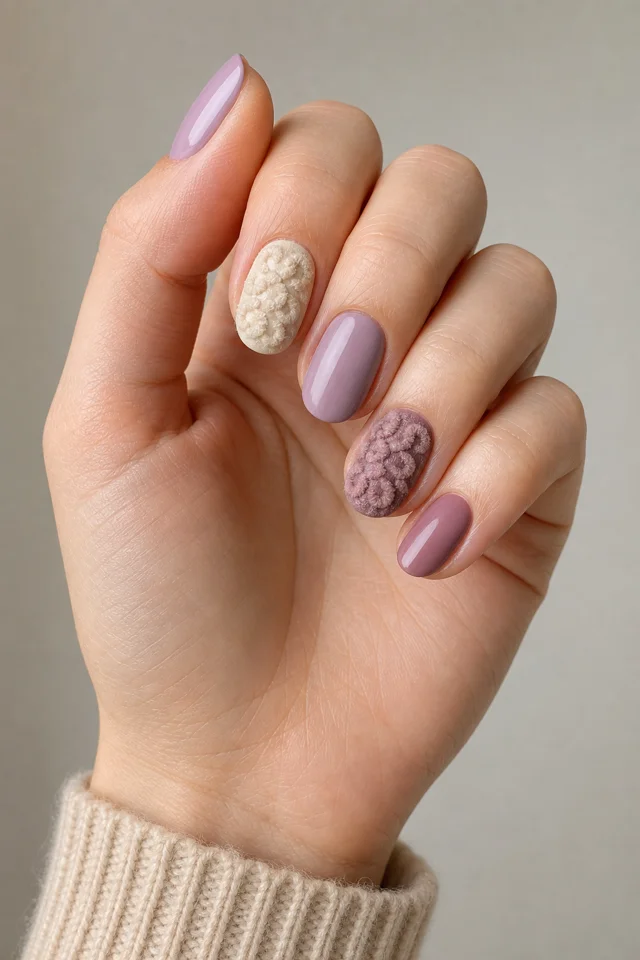 Warm lilac and oatmeal short oval nails with dusty mauve and cream raised chenille loop clusters, light neutral skin, a softly curled upright hand, and an oatmeal knit cuff in natural daylight