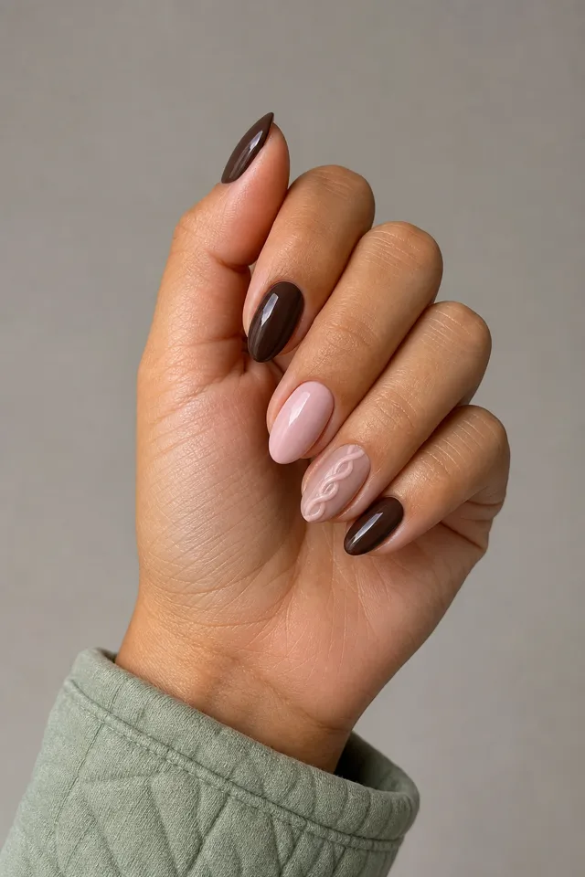 Espresso brown and soft blush short almond nails with a mocha teddy accent and raised blush cable line, medium olive skin, a softly curled upright hand, and a sage cuff in natural daylight