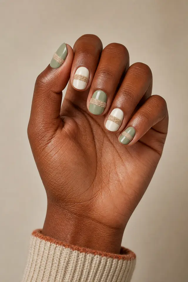 Sage green and creamy ivory short round nails with fine camel brushed boucle bands, rich dark brown skin, a softly curled upright hand, and a cream cuff with a rust seam in natural daylight