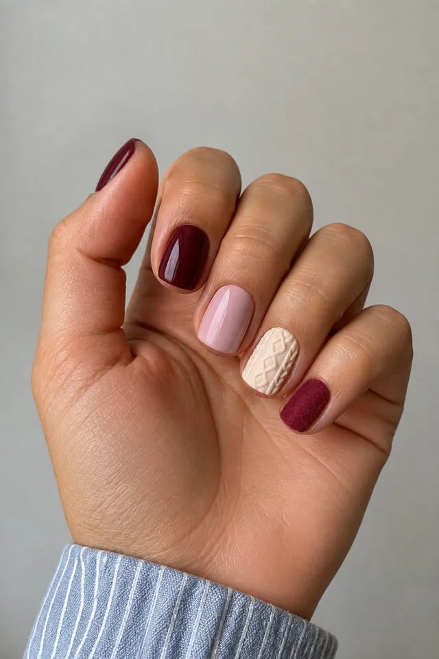 Burgundy and pale blush short squoval nails with a cream raised fisherman-knit diamond accent and low-pile fuzzy berry nails, tan skin, a softly curled upright hand, and a blue striped cuff in natural daylight