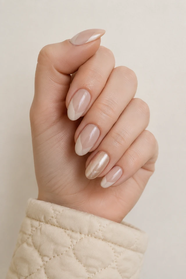 Translucent stone-beige short almond nails with creamy curved tips and one champagne-pearl accent on one fair skin tone hand in a compact curved side grip with an oatmeal quilted cuff and connected short wrist