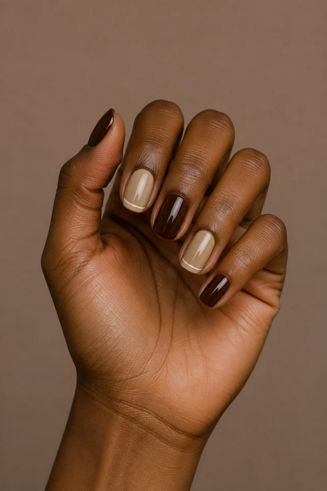 Glossy deep cocoa and warm beige short oval nails with fine cream French lines on one rich dark brown skin tone hand in a curved radial display with a connected short wrist