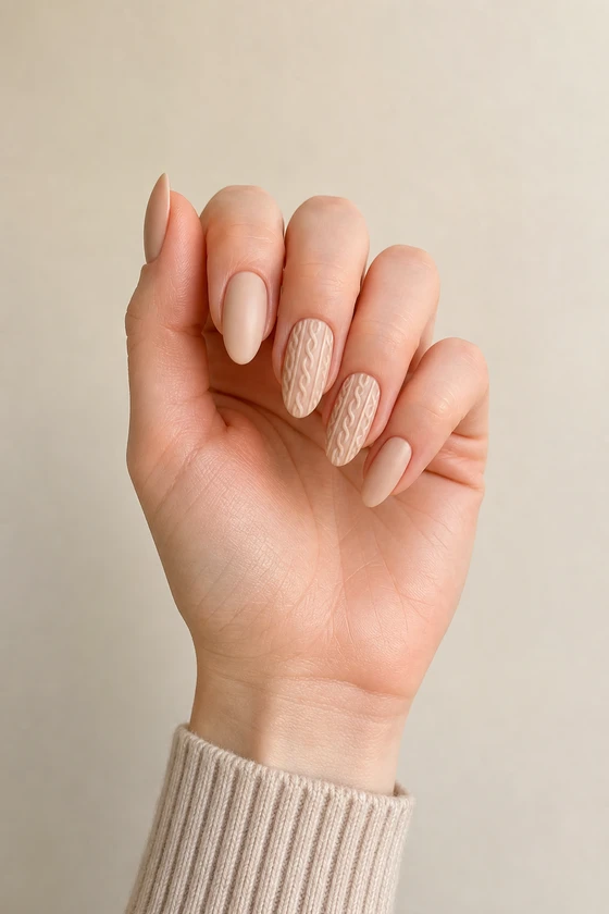 Fair skin hand in a softly curled upright pose with short almond nude nails and raised ivory cable knit accents, wearing an oatmeal sweater cuff in natural daylight