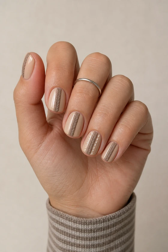 Medium warm skin hand in a gently curled upright pose with short oat beige rounded square nails, taupe ribbed knit stripes, and cream stitch dots