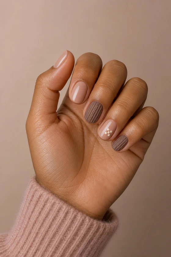 Medium brown hand in a softly curled upright pose with short rosy beige oval nails, matte cocoa cable texture, and cream woven accents