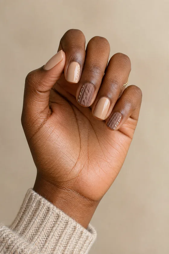 Deep brown hand in a compact curled upright pose with short creamy beige squoval nails, chocolate herringbone knit accent, and a tiny plain ring on the ring finger