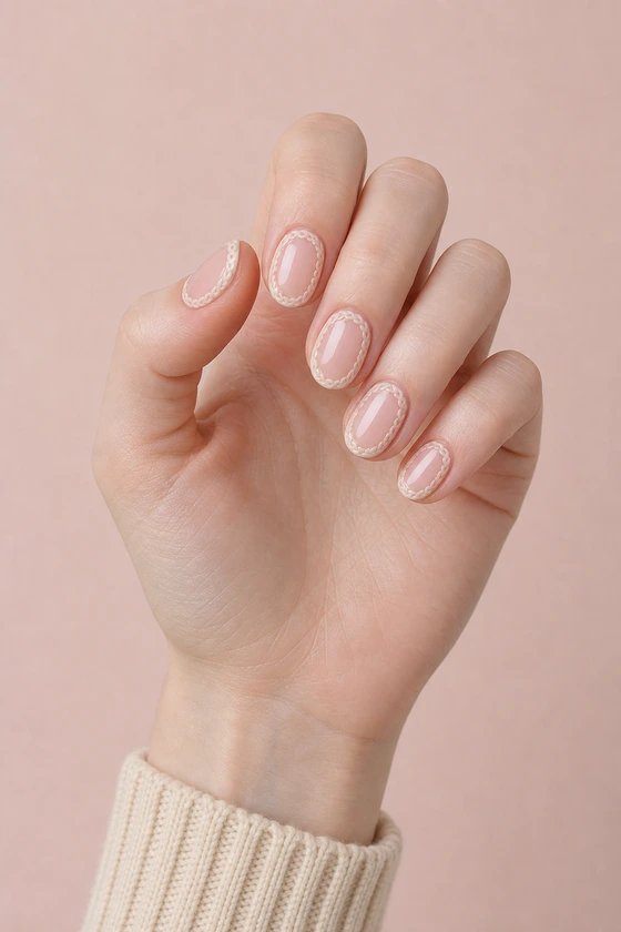 Fair cool skin hand in a softly curled upright pose with short blush nude oval nails edged with raised ivory cable knit, wearing a cream sweater cuff