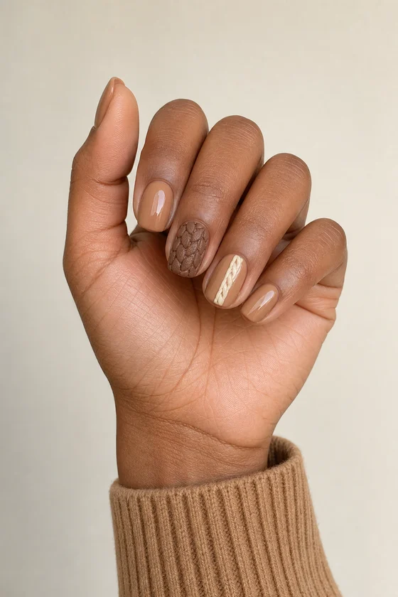 Medium deep skin hand in a softly curled upright pose with short caramel nude rounded square nails, mocha basketweave knit accents, and a camel sweater cuff