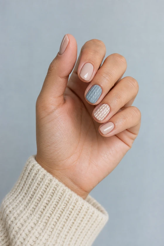 Light olive skin hand in a softly curled upright pose with short putty nude rounded oval nails, a dusty blue gray ribbed accent, and ivory woven details