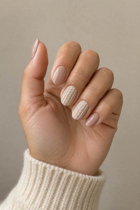 Medium neutral skin hand in a gently curled upright pose with short taupe almond nails, raised ivory seed stitch accents, and a cream knit cuff