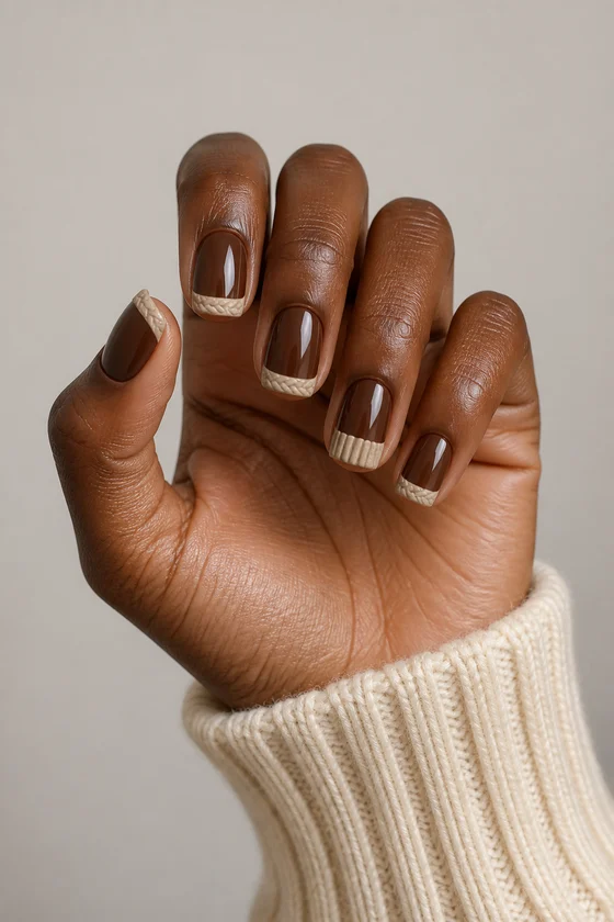 Deep brown hand in a softly curled upright pose with short glossy mocha rounded square nails and warm beige cable knit French tips