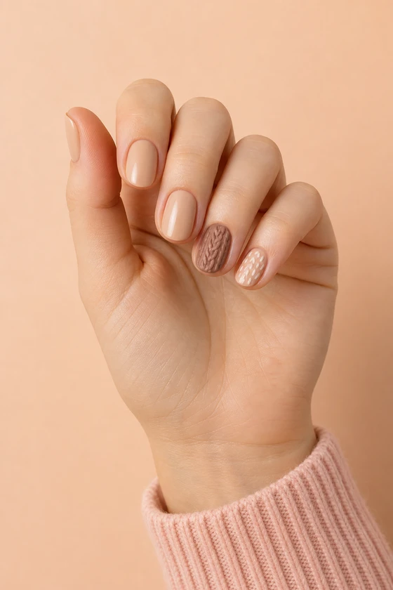 Fair warm skin hand in a softly curled upright pose with short peach beige oval nails, a raised mocha cable accent, and a blush pink sweater cuff