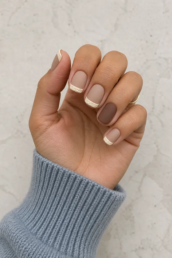 Medium warm olive hand in a softly curled upright pose with short mushroom beige rounded square nails, cream cable French edges, and a blue gray sweater cuff