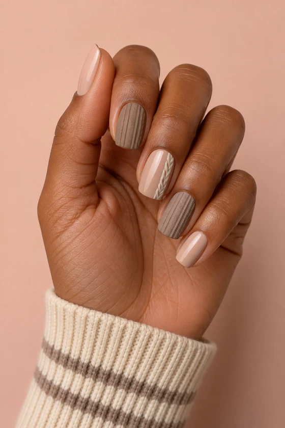 Rich dark brown hand in a compact curled upright pose with short blush beige squoval nails, taupe vertical ribbing, ivory cable detail, and a striped knit cuff