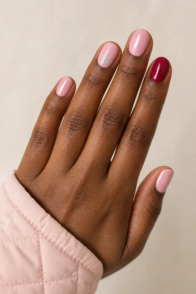 Glossy soft pink short oval nails with one berry accent and one tiny silver snowflake on one deep brown skin tone hand in an open diagonal display with a pale blush quilted cuff and connected short wrist