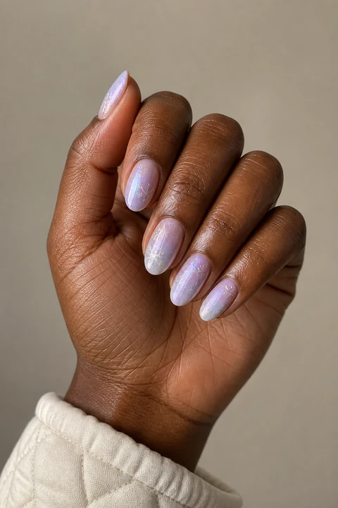 Frosted pearl ivory and icy lilac oval winter nails on a rich dark-brown hand in a softly curled pose with a cream quilted cuff and visible wrist in natural daylight
