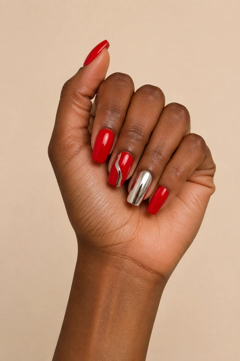 red acrylic nails with silver chrome accent details on a deep brown hand with visible wrist