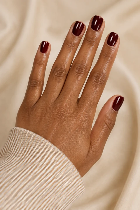 Medium warm brown skin hand in an open diagonal pose with five short square glossy burgundy nails and a neutral narrow-stripe cuff