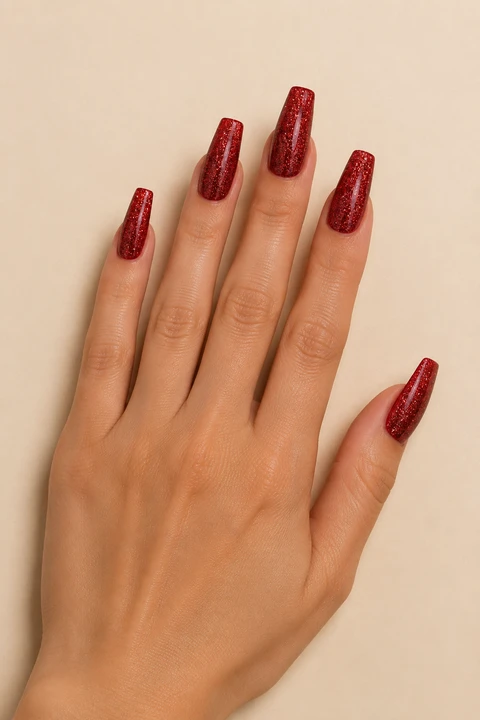 full coverage red glitter coffin nails on a light olive hand with visible wrist