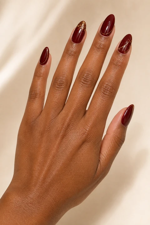 deep garnet red nails with delicate gold glitter on a medium deep hand with visible wrist and forearm