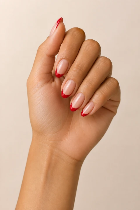 red French tip almond nails on a sheer nude base on a light brown hand with visible wrist