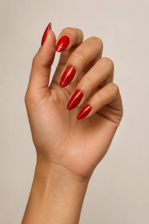 glossy red nails with delicate gold accents on a warm tan hand with visible wrist and forearm