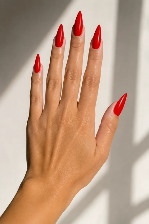 glossy red stiletto nails on a medium tan hand held flat in sunlight with visible forearm