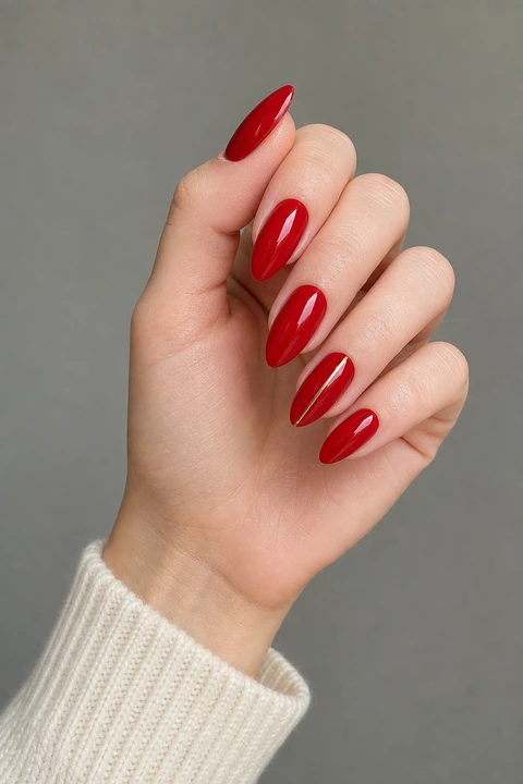Glossy red medium almond nails with one fine vertical gold pinstripe on the ring-finger nail, on fair skin in an upright softly curled pose with an ivory knit sleeve and visible short wrist in natural daylight