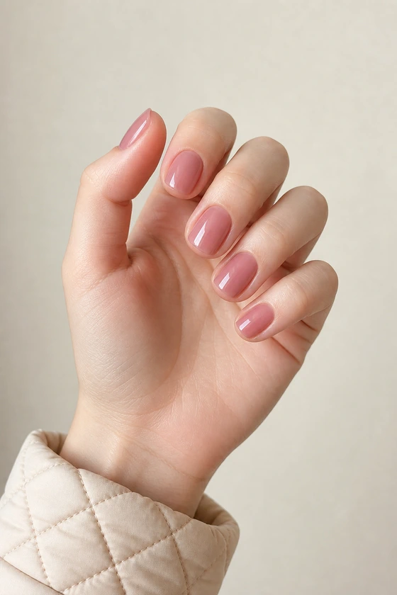 Fair skin hand in a compact softly curled pose wearing short dusty rose rounded-square nails with a beige quilted cuff in natural daylight