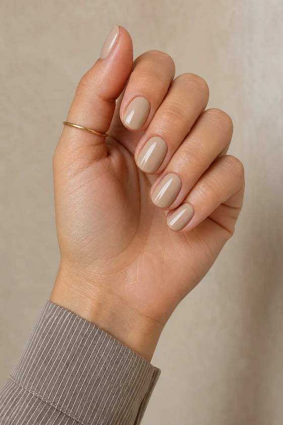 Light olive skin hand in a relaxed inward curled pose wearing short café beige oval nails with a taupe stripe cuff and one tiny plain ring