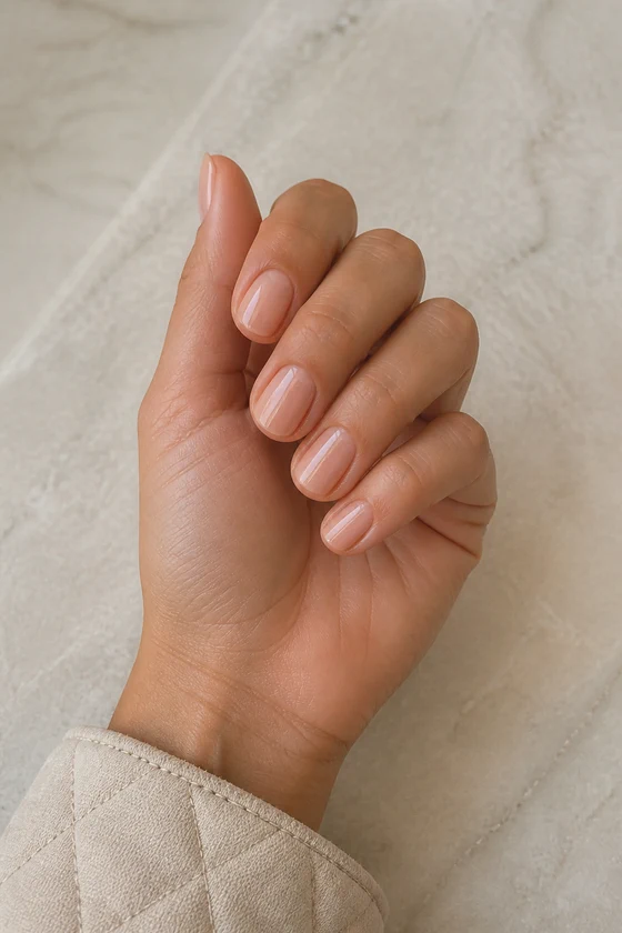 Tan skin hand in a gentle curled side pose wearing short sheer peach-beige oval nails with a beige quilted cuff in daylight