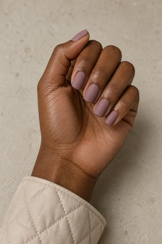 Deep brown skin hand in a softly curled pose wearing short dusty mauve rounded-square nails with a beige quilted cuff